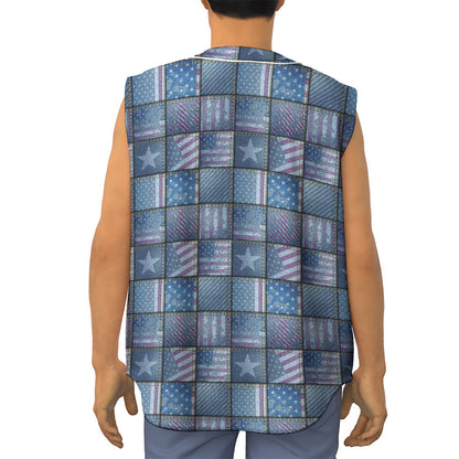 American Denim Patchwork Pattern Print Sleeveless Baseball Jersey
