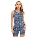 American Denim Patchwork Pattern Print Sleeveless One Piece Swimsuit