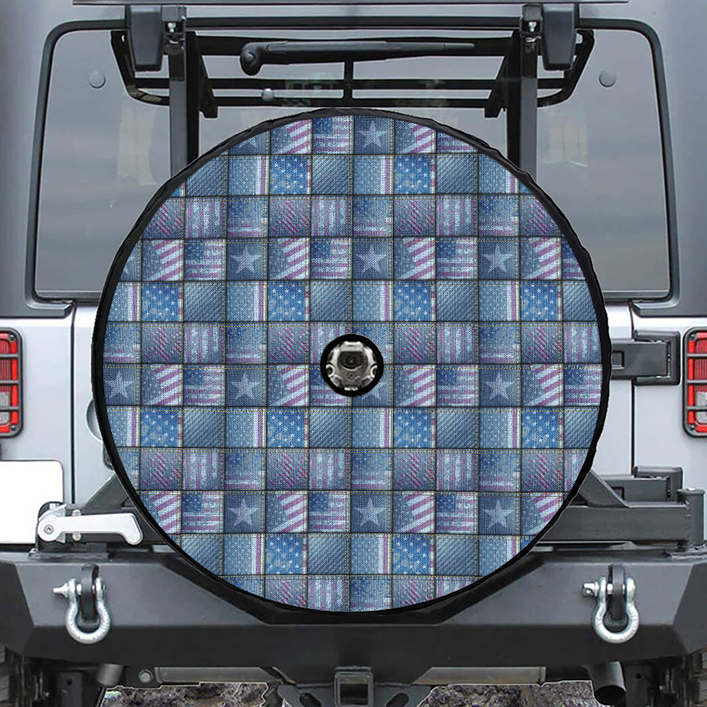 American Denim Patchwork Pattern Print Tire Cover With Camera Hole