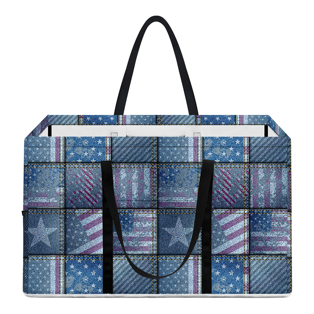 American Denim Patchwork Pattern Print Utility Tote Bag