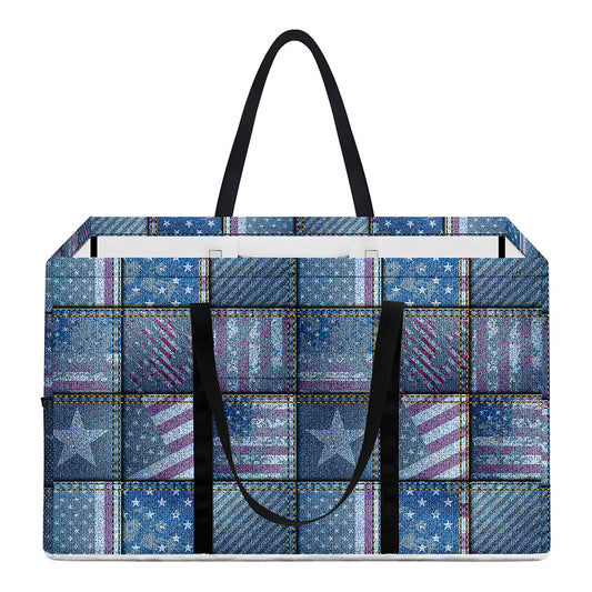 American Denim Patchwork Pattern Print Utility Tote Bag
