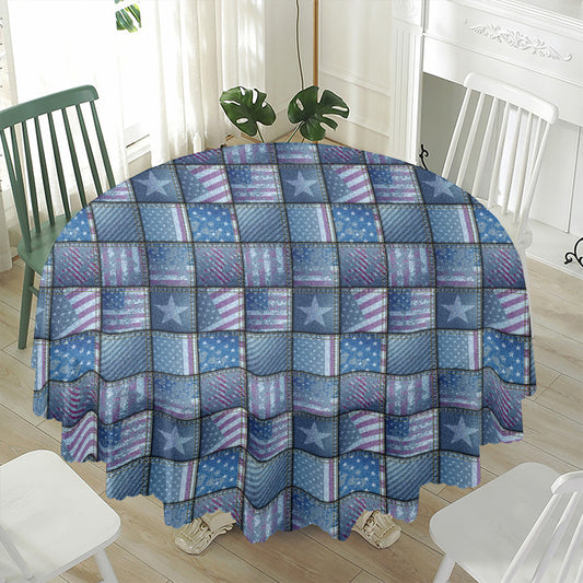 American Denim Patchwork Pattern Print Waterproof Round Tablecloth