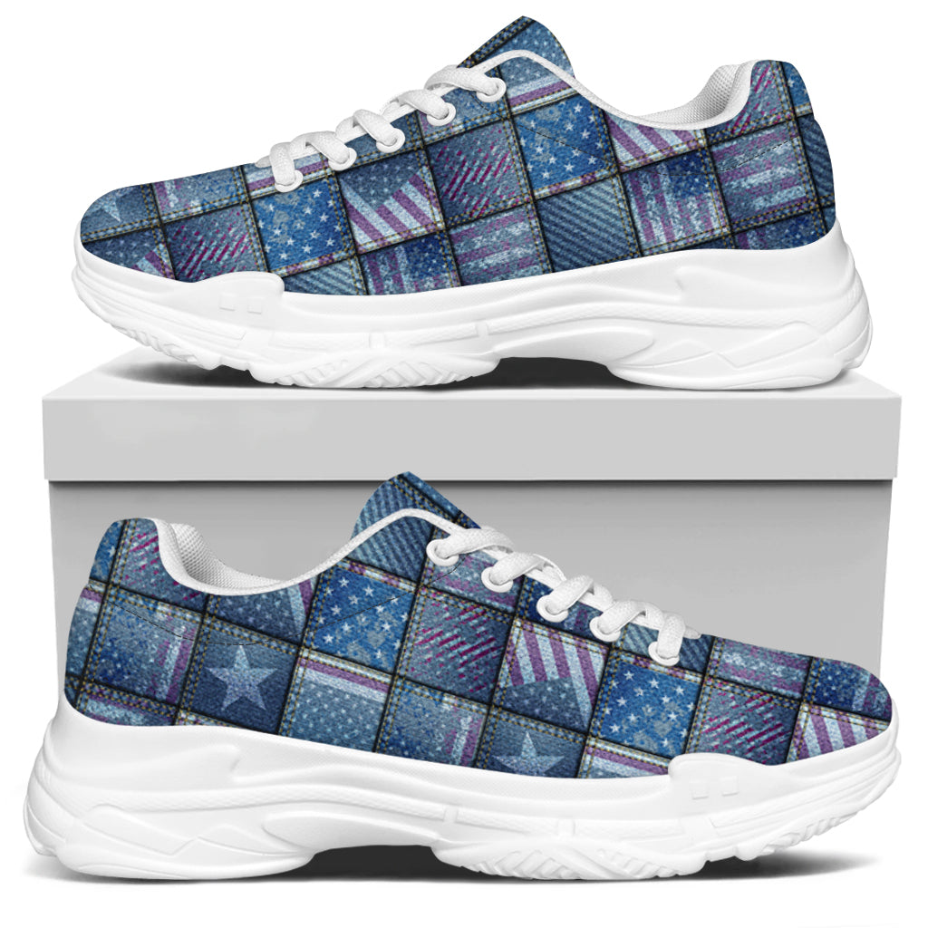 American Denim Patchwork Pattern Print White Chunky Shoes