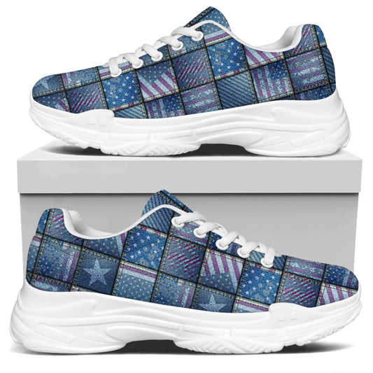 American Denim Patchwork Pattern Print White Chunky Shoes
