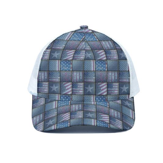 American Denim Patchwork Pattern Print White Mesh Trucker Cap