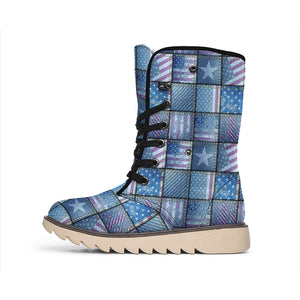 American Denim Patchwork Pattern Print Winter Boots