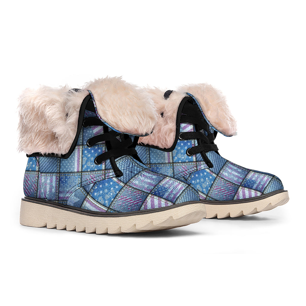 American Denim Patchwork Pattern Print Winter Boots