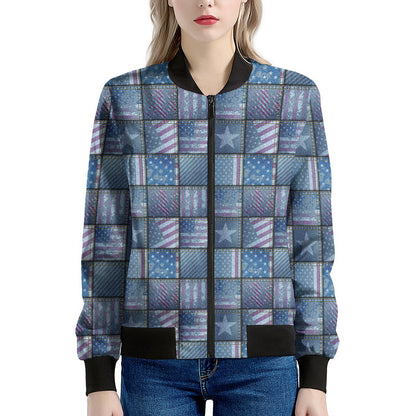 American Denim Patchwork Pattern Print Women's Bomber Jacket