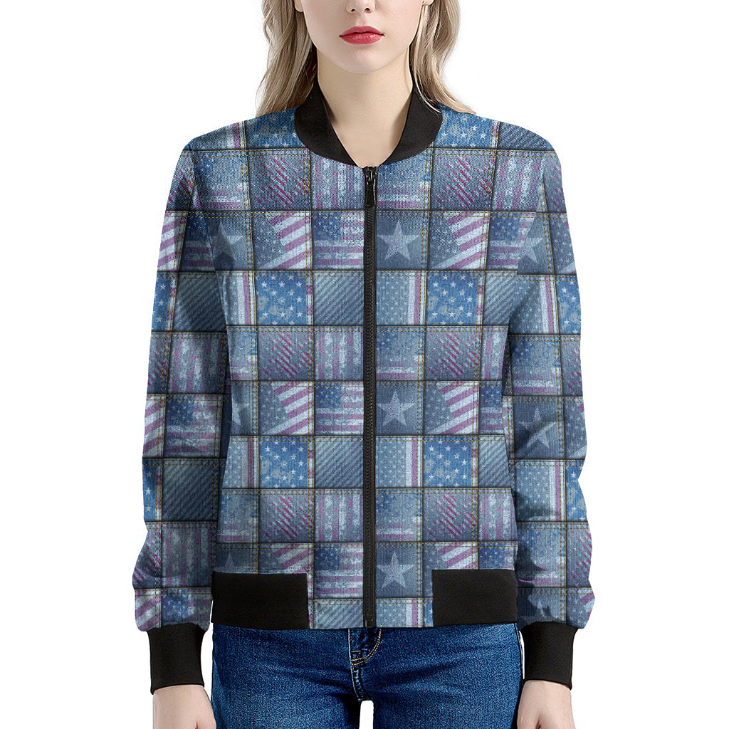 American Denim Patchwork Pattern Print Women's Bomber Jacket