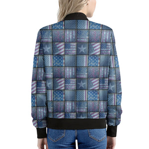 American Denim Patchwork Pattern Print Women's Bomber Jacket