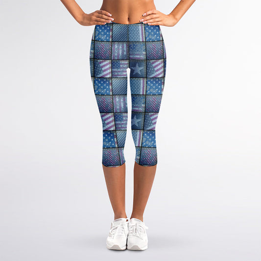 American Denim Patchwork Pattern Print Women's Capri Leggings