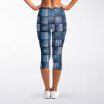 American Denim Patchwork Pattern Print Women's Capri Leggings