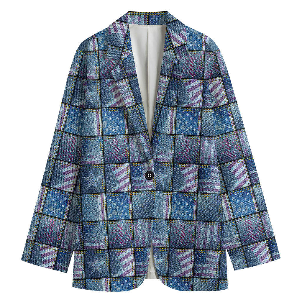 American Denim Patchwork Pattern Print Women's Cotton Blazer
