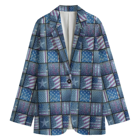 American Denim Patchwork Pattern Print Women's Cotton Blazer