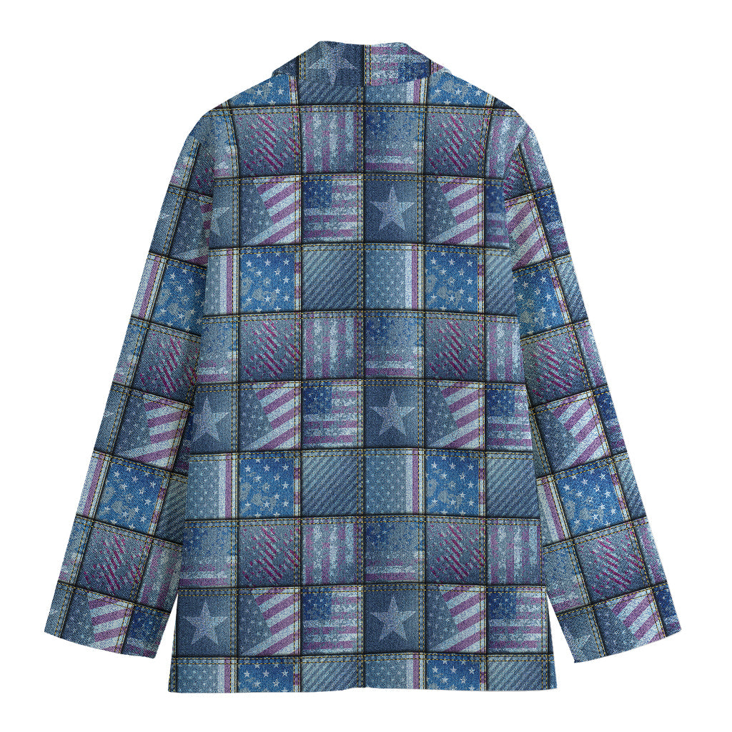 American Denim Patchwork Pattern Print Women's Cotton Blazer