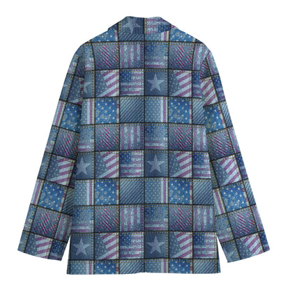 American Denim Patchwork Pattern Print Women's Cotton Blazer