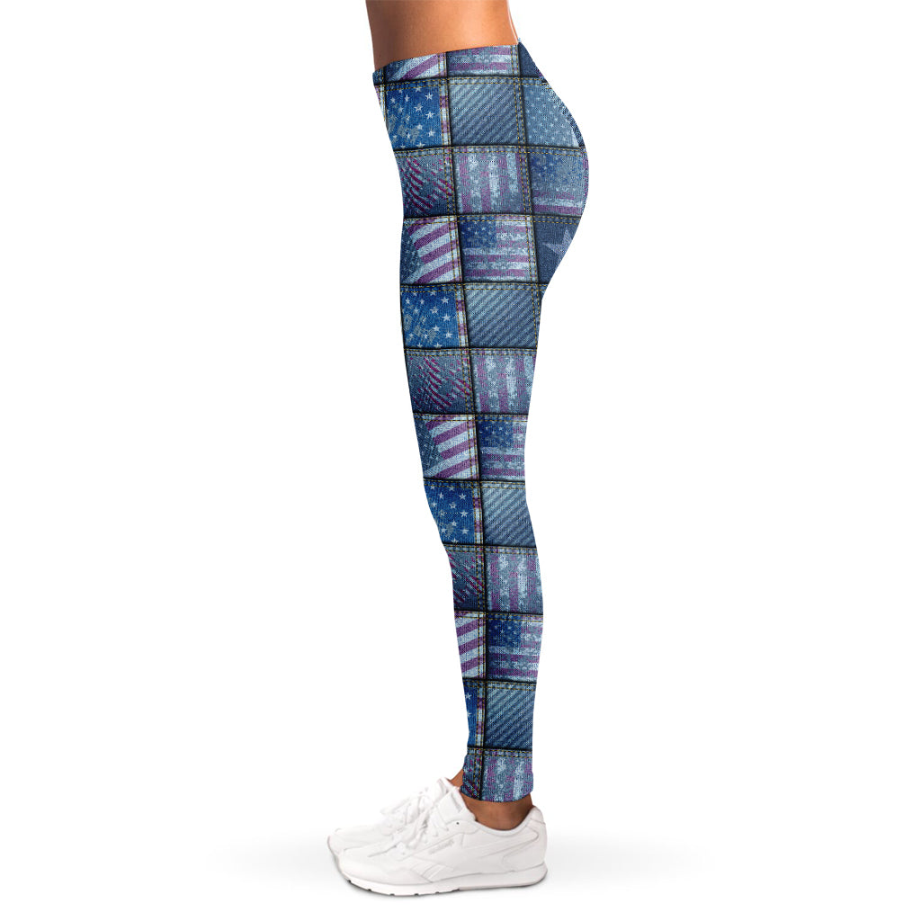 American Denim Patchwork Pattern Print Women's Leggings