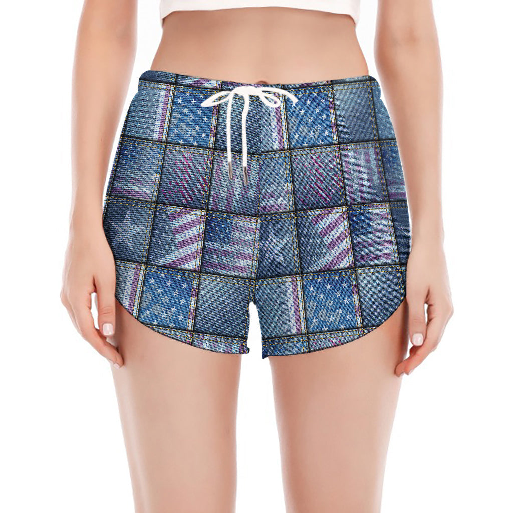 American Denim Patchwork Pattern Print Women's Split Running Shorts