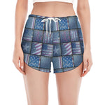 American Denim Patchwork Pattern Print Women's Split Running Shorts