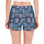American Denim Patchwork Pattern Print Women's Split Running Shorts