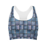 American Denim Patchwork Pattern Print Women's Sports Bra