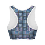 American Denim Patchwork Pattern Print Women's Sports Bra