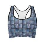 American Denim Patchwork Pattern Print Women's Sports Bra