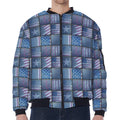 American Denim Patchwork Pattern Print Zip Sleeve Bomber Jacket