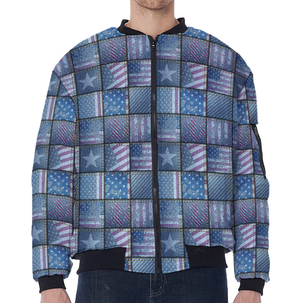 American Denim Patchwork Pattern Print Zip Sleeve Bomber Jacket