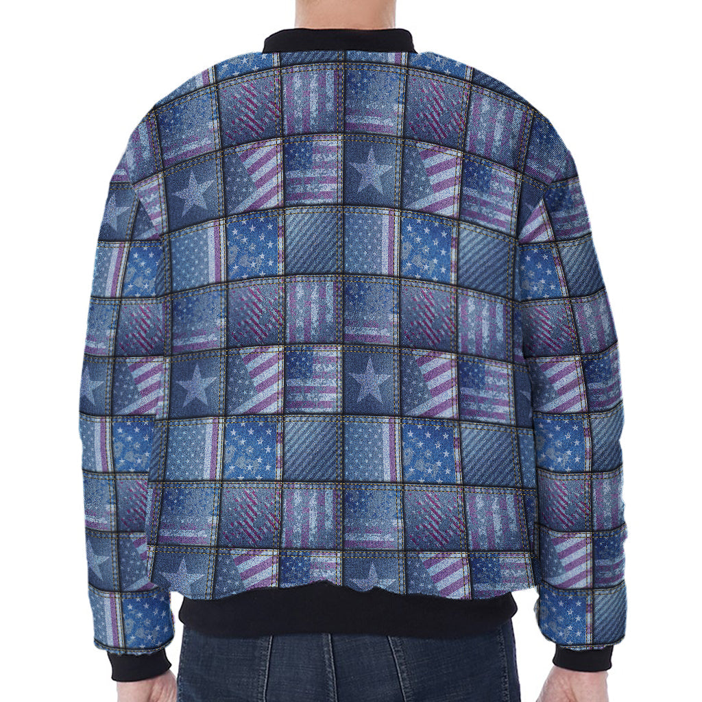 American Denim Patchwork Pattern Print Zip Sleeve Bomber Jacket