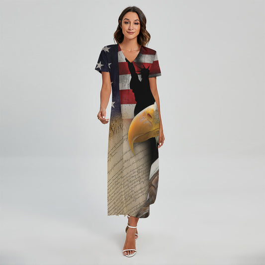 American Dream Of Liberty Print Short Sleeve Maxi Dress