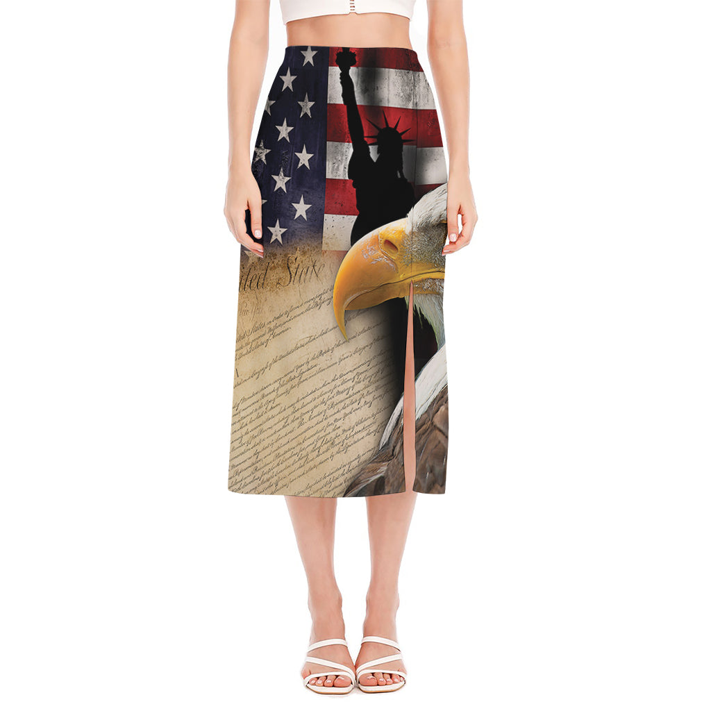 American Dream Of Liberty Print Side Slit Midi Skirt