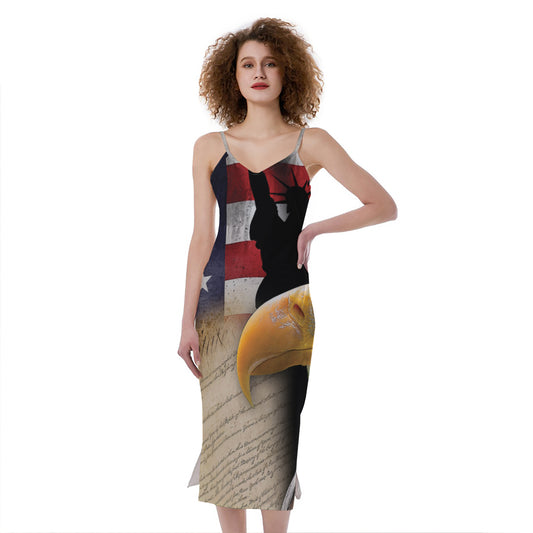 American Dream Of Liberty Print Slim Fit Midi Cami Dress