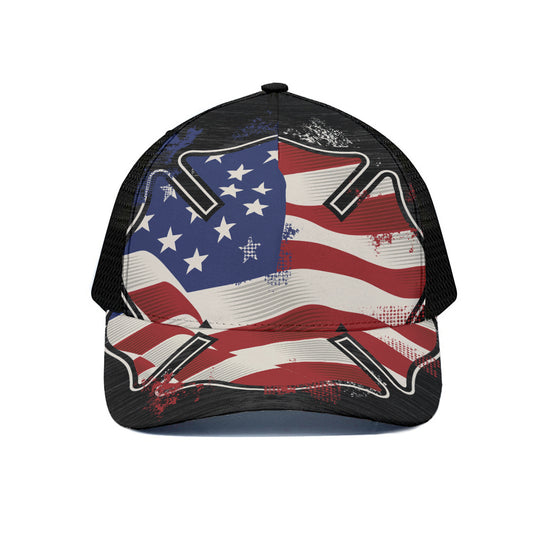 American Firefighter Emblem Print Black Mesh Trucker Cap