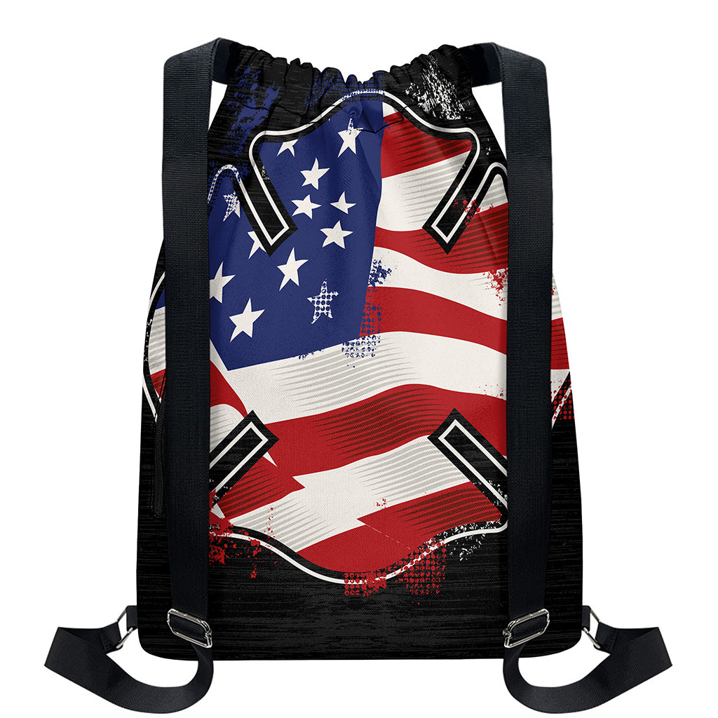 American Firefighter Emblem Print Drawstring Backpack