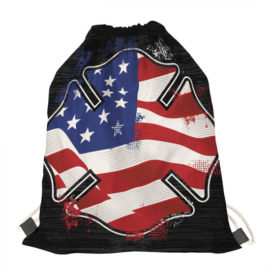 American Firefighter Emblem Print Drawstring Bag
