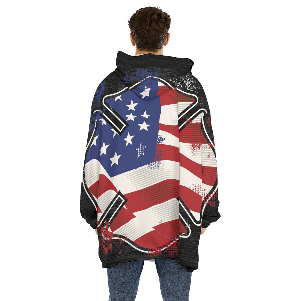 American Firefighter Emblem Print Hoodie Blanket