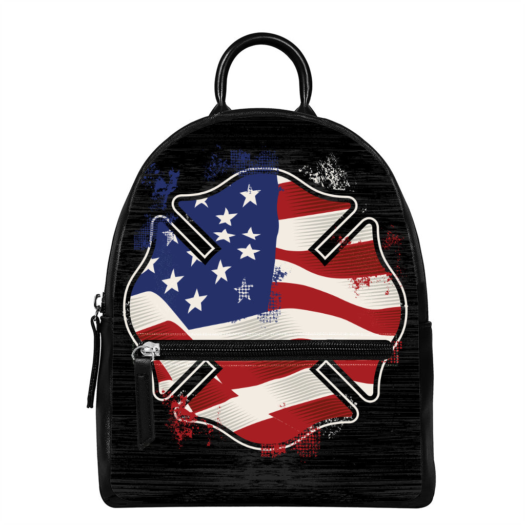 American Firefighter Emblem Print Leather Backpack