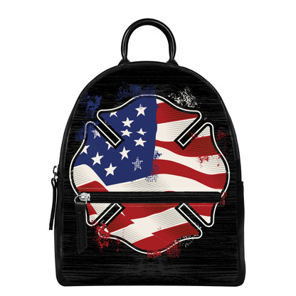 American Firefighter Emblem Print Leather Backpack