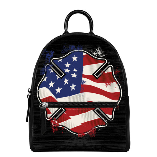 American Firefighter Emblem Print Leather Backpack