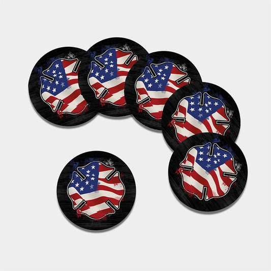American Firefighter Emblem Print Leather Coaster Set