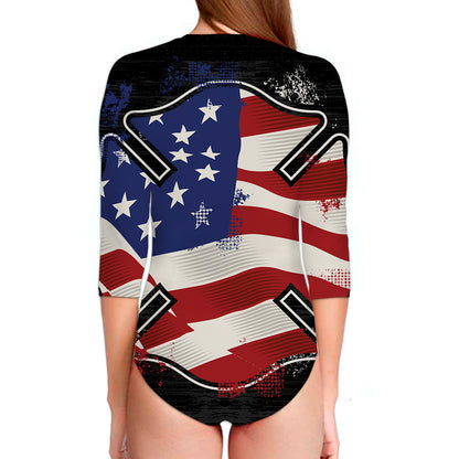 American Firefighter Emblem Print Long Sleeve Swimsuit