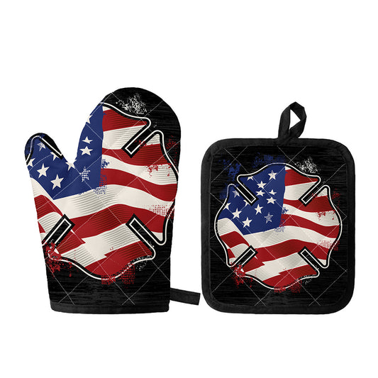 American Firefighter Emblem Print Oven Mitt And Pot Holder Set