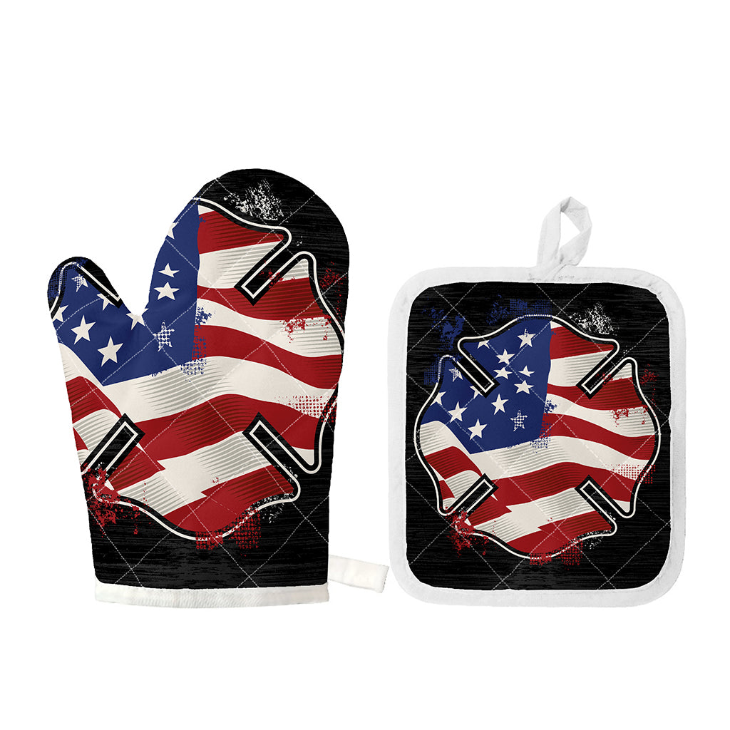 American Firefighter Emblem Print Oven Mitt And Pot Holder Set