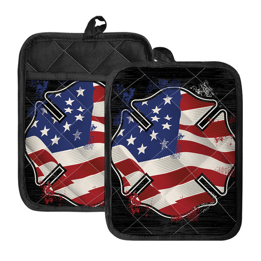 American Firefighter Emblem Print Pot Holders With Pocket