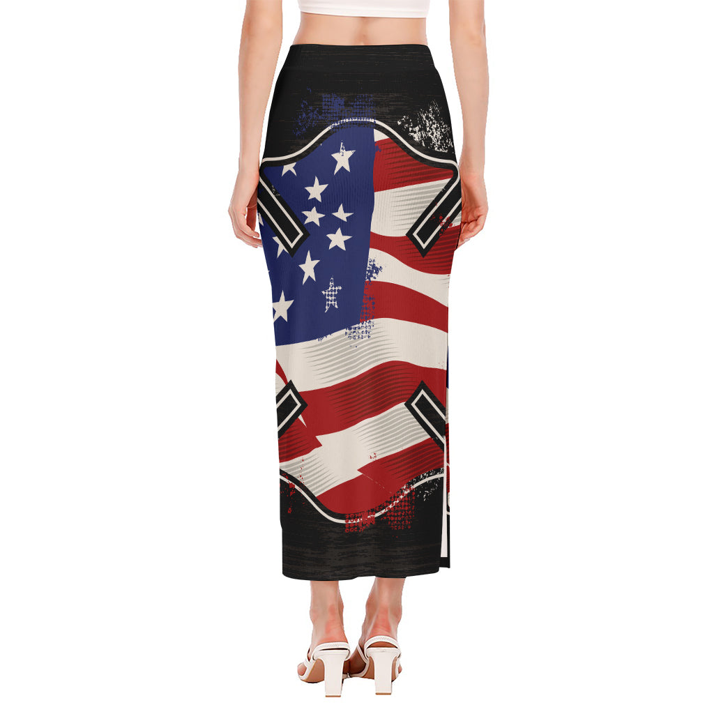 American Firefighter Emblem Print Side Slit Maxi Skirt