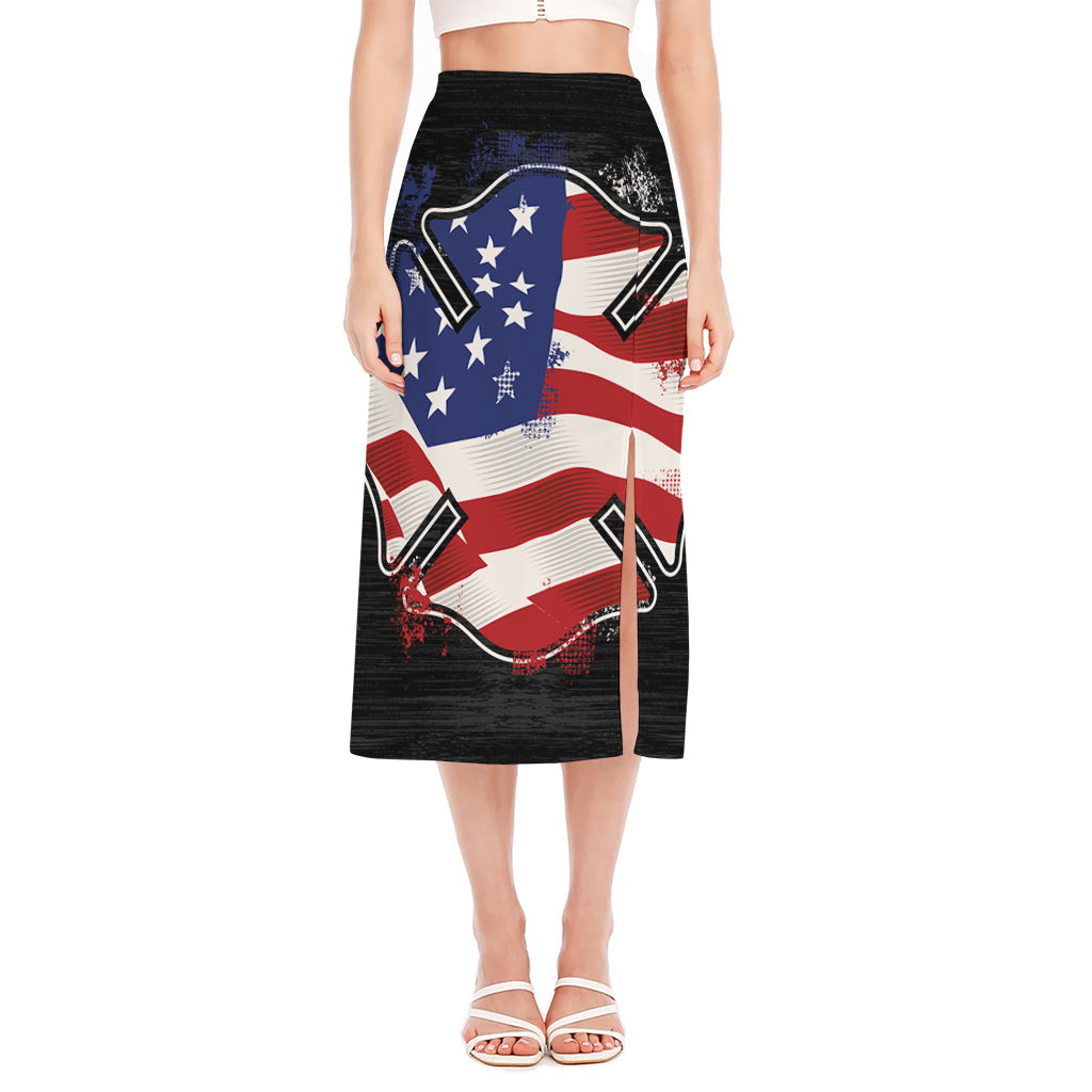 American Firefighter Emblem Print Side Slit Midi Skirt