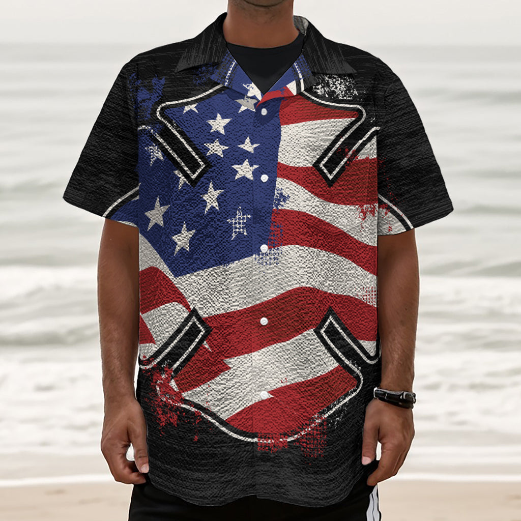 American Firefighter Emblem Print Textured Short Sleeve Shirt