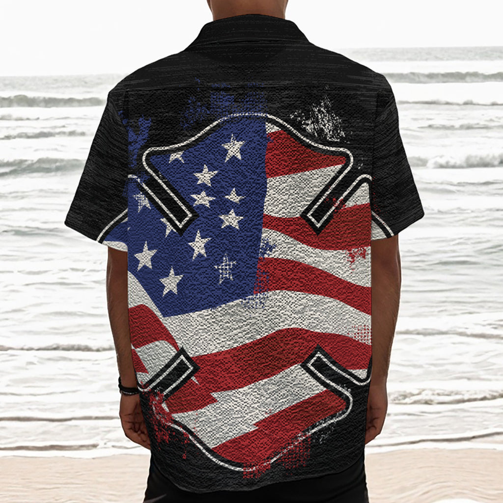 American Firefighter Emblem Print Textured Short Sleeve Shirt