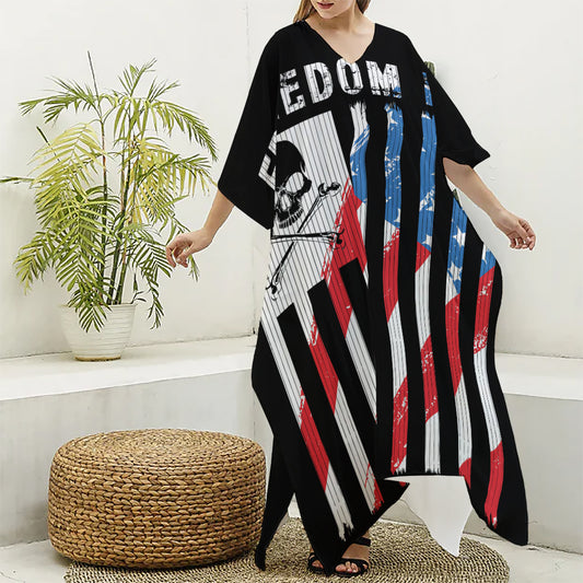 American Flag Freedom Life Print Silk V-Neck Kaftan Dress